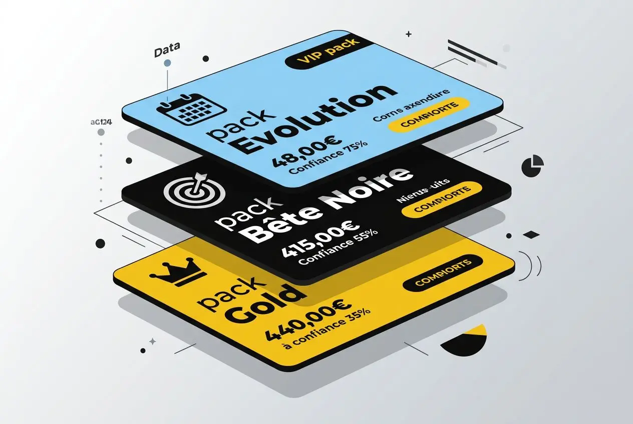 Trois cartes de packs numériques empilées: bleu « pack evolution », noir « pack Bête Noire », et jaune « pack Gold », avec étiquettes et chiffres stylisés. football pronostic