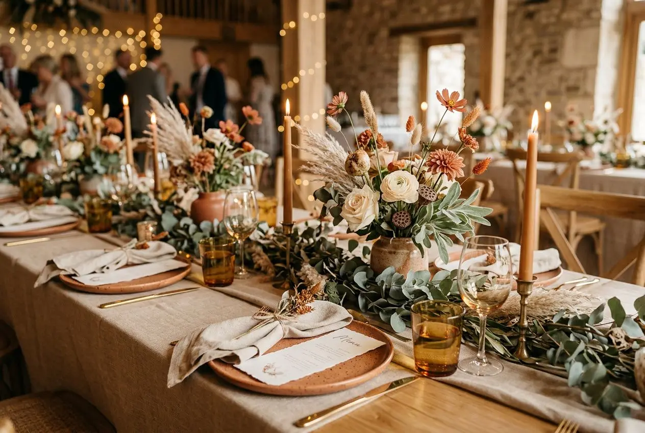 Table décorée avec des fleurs des tons terracotta et vert sauge, bougies et vaisselle dorée, ambiance délicate et chaleureuse sur le thème des couleurs tendance pour les mariages en 2025.