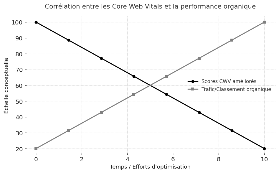 Graphique illustrant la corrélation entre l'amélioration des Core Web Vitals (LCP, INP, CLS) et l'augmentation du trafic organique et du classement SEO.