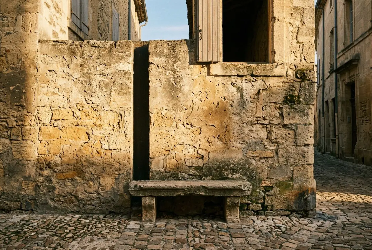 Ruelle pavée et pierres anciennes avec banc en pierre, façades en pierre et lumière dorée, ambiance parfaite pour un meilleur shooting photo Paris.