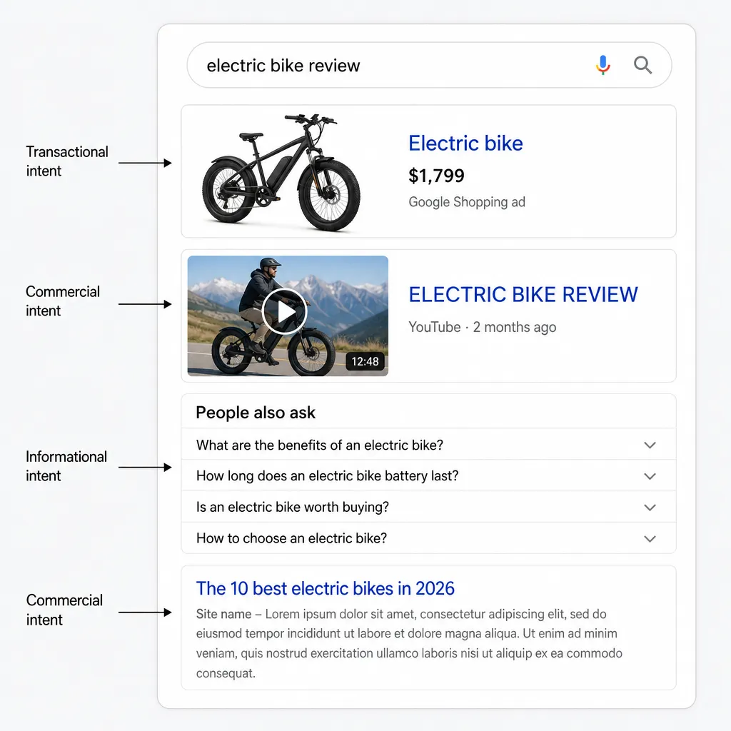 Example Google SERP analysis to identify search intent: Shopping results (transactional), review videos (commercial) and questions (informational).