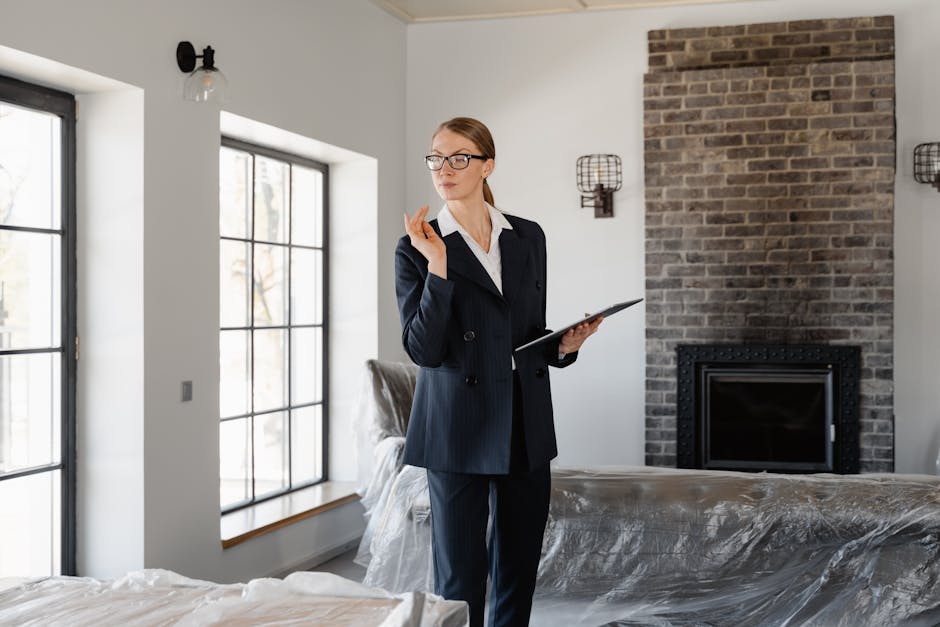Expert inspectant l'intérieur d'une maison moderne avec cheminée et grandes baies vitrées.