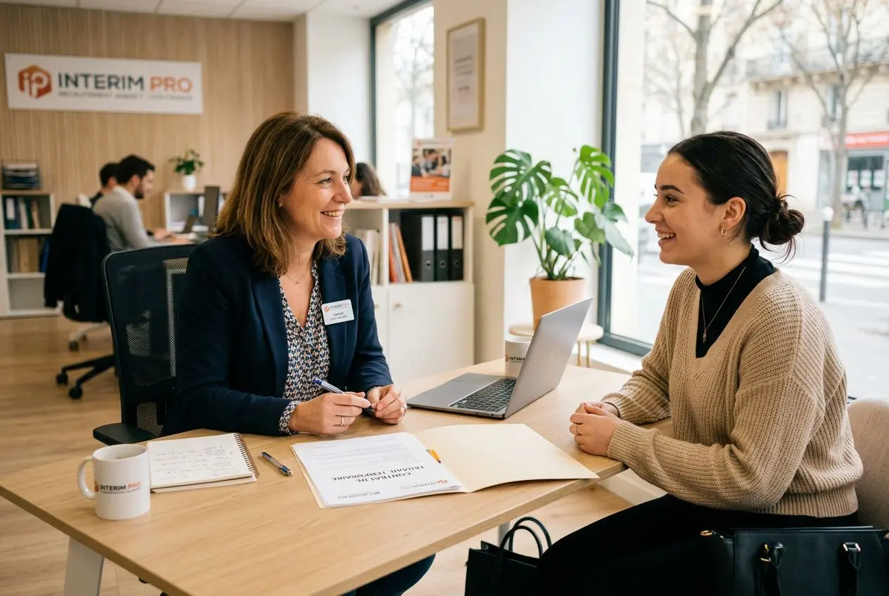 Deux femmes en entretien dans une agence d'intérim, l'une avec ordinateur portable; échanges amicaux et documents sur la table. Agence d intérim comment ça marche au centre.