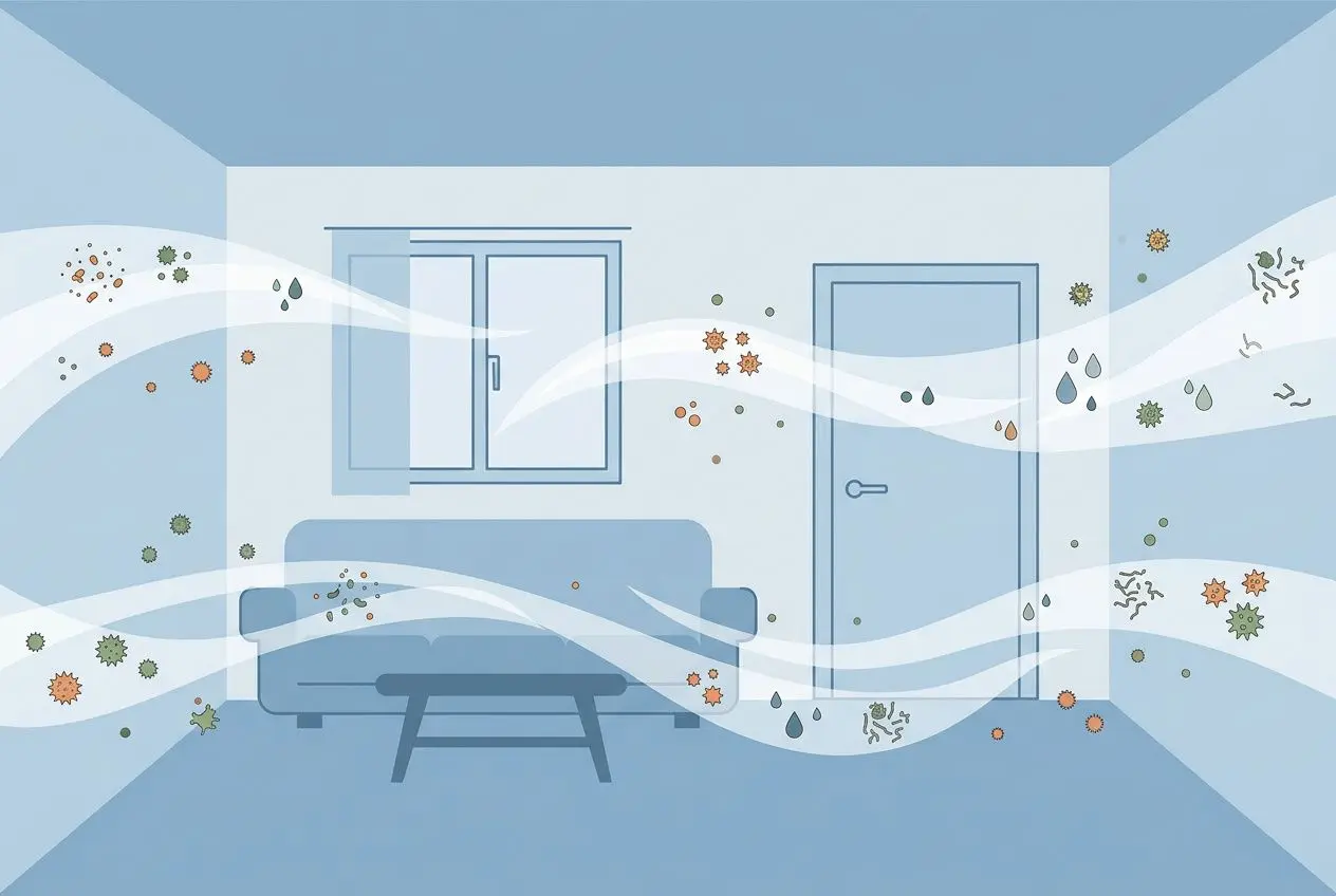 Illustration d’un salon intérieur, avec des micro-organismes et poussières suggérés dans l’air, symbole d’une mauvaise ventilation affectant la maison et ses occupants. Mauvaise ventilation maison conséquences et risques santé évoqués.