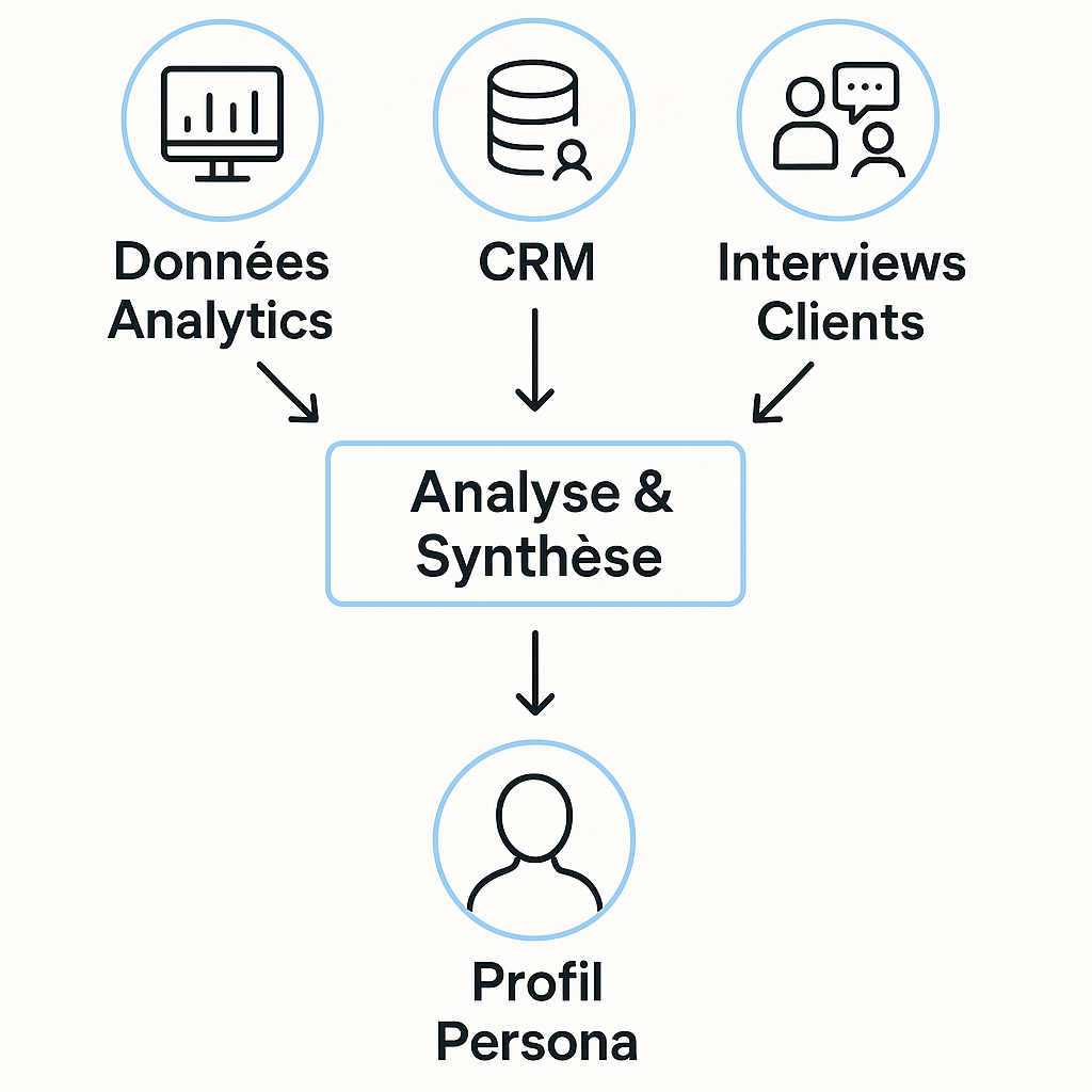 Schéma du processus de création d'un persona, montrant comment la collecte de données depuis l'analytique, le CRM et les interviews clients mène à la création d'un profil unifié.
