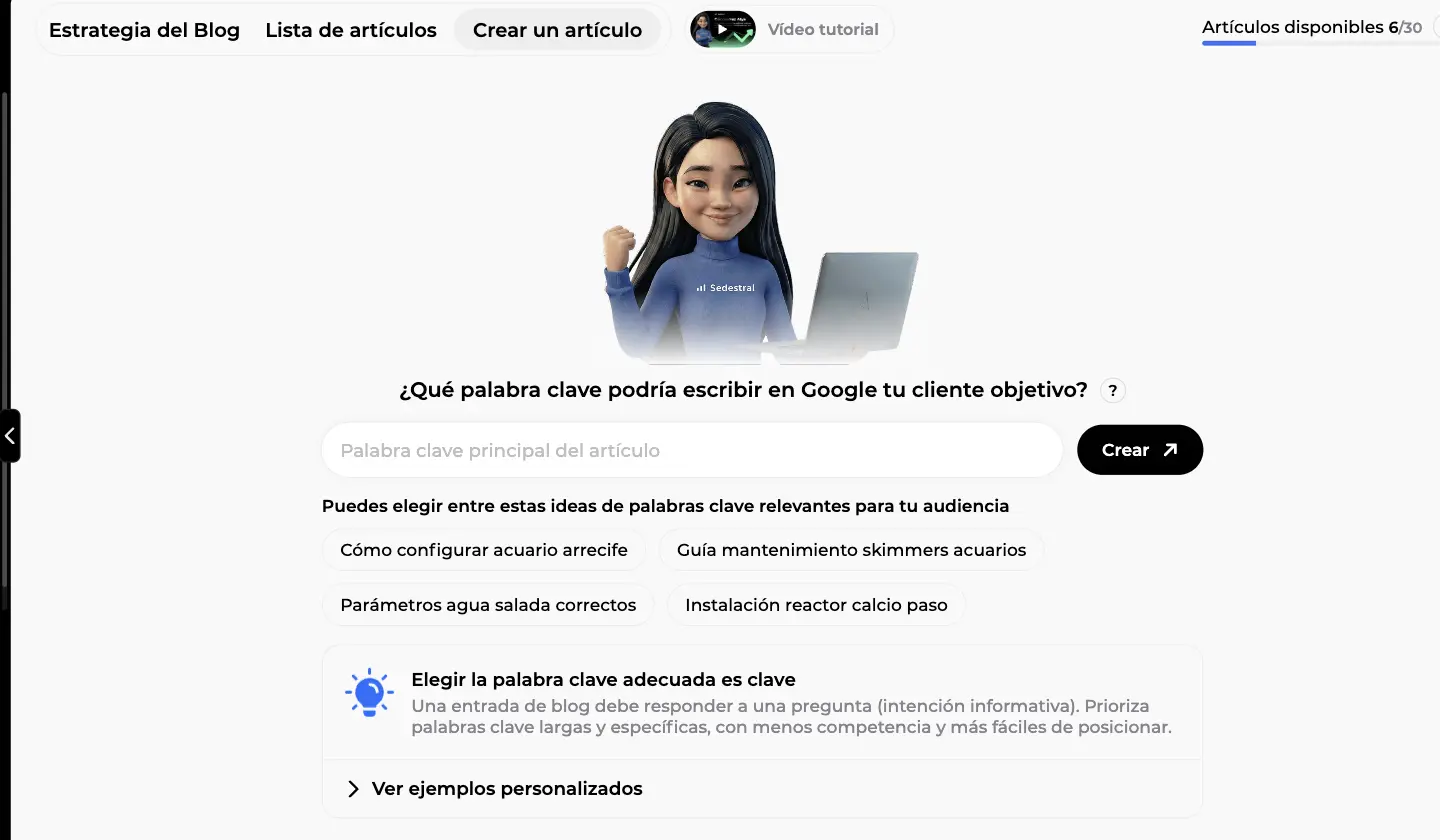 Pantalla Crear un artículo de Sedestral con el campo Palabra clave principal del artículo, ideas propuestas y el contador Artículos disponibles