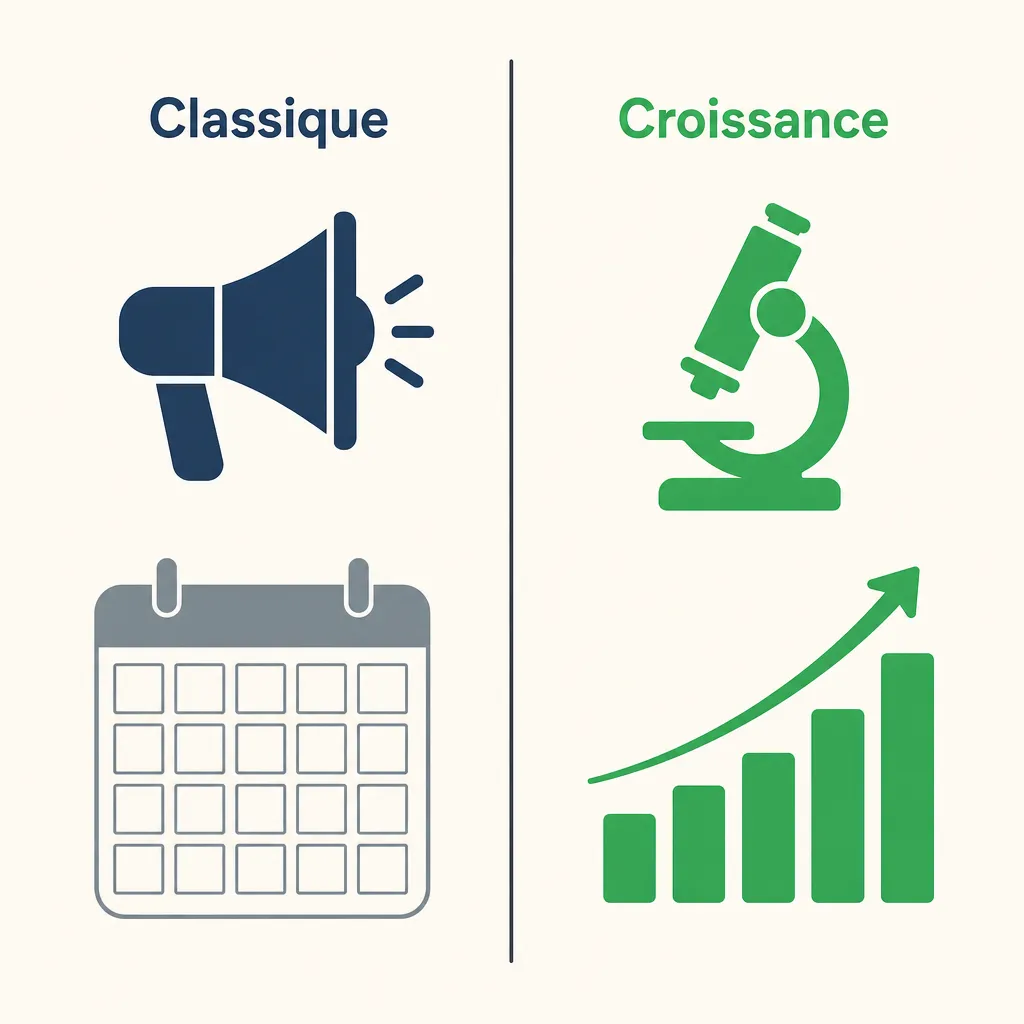 Comparaison entre le marketing classique, mégaphone et calendrier, et le growth hacking, microscope et courbe de croissance.