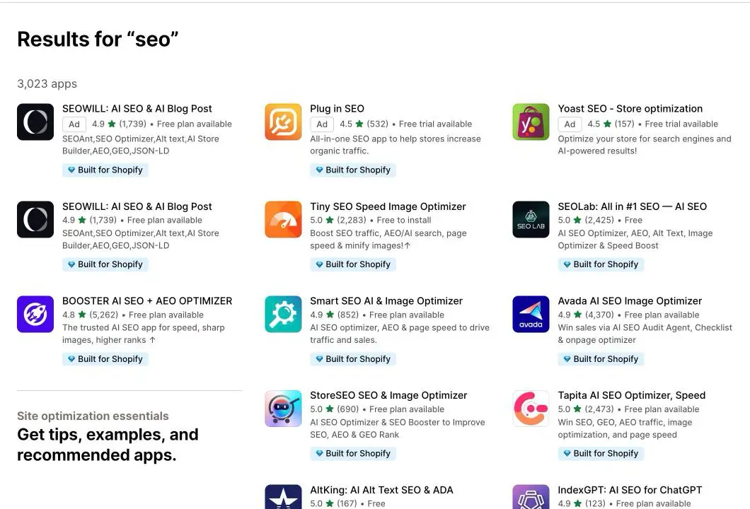 Shopify App Store results for seo: 3,023 apps, including Booster AI SEO, Avada, Tapita, Smart SEO and StoreSEO, rated 4.5 to 5 stars