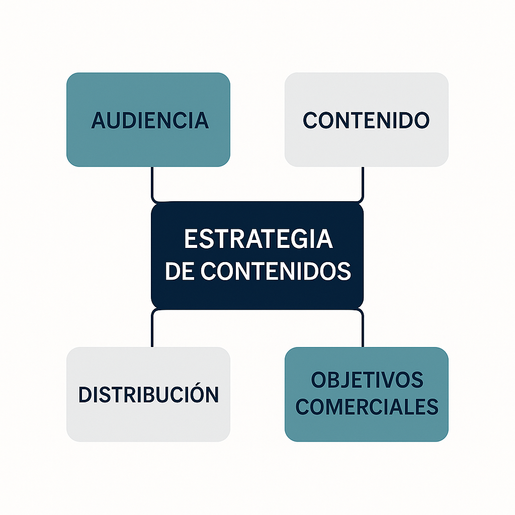 Esquema de los cuatro pilares de una estrategia de contenidos: audiencia, contenido, distribución y objetivos.