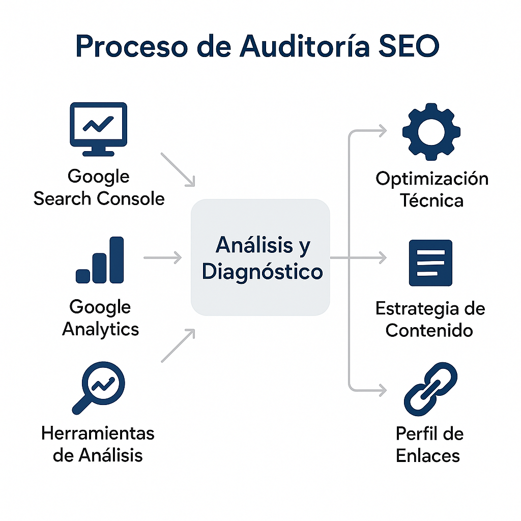 Esquema del proceso de auditoría SEO que muestra las herramientas utilizadas (Google Search Console, Analytics) y las áreas analizadas: técnico, contenido y enlaces.