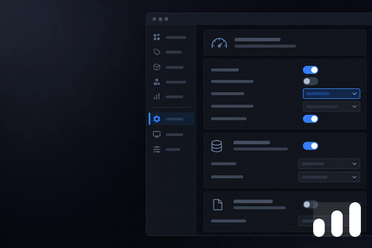 Capture d'écran d'une interface de configuration avec des paramètres et interrupteurs bleus sur fond sombre.
