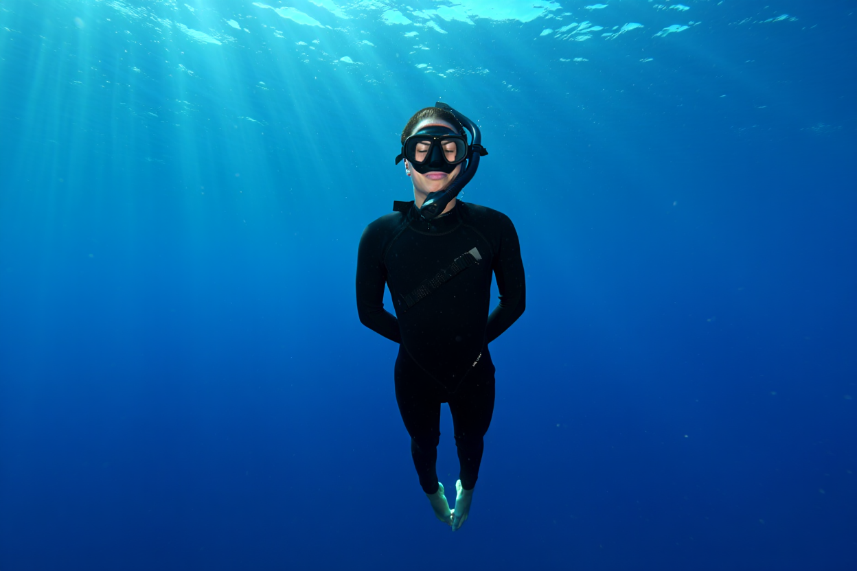 Apneista pratica respirazione diaframmatica in riva al mare