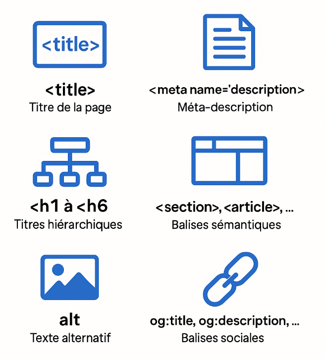 Les 6 balises HTML les plus importantes, classées par ordre de priorité.