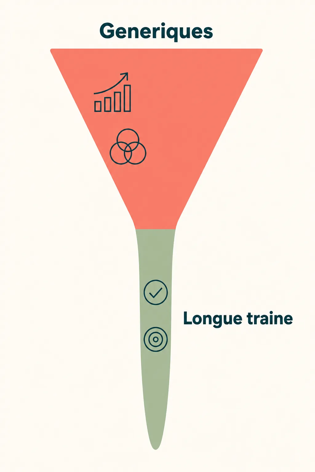 Entonnoir vertical : requêtes génériques à fort volume en haut, longue traîne étroite et plus convertissante en bas.
