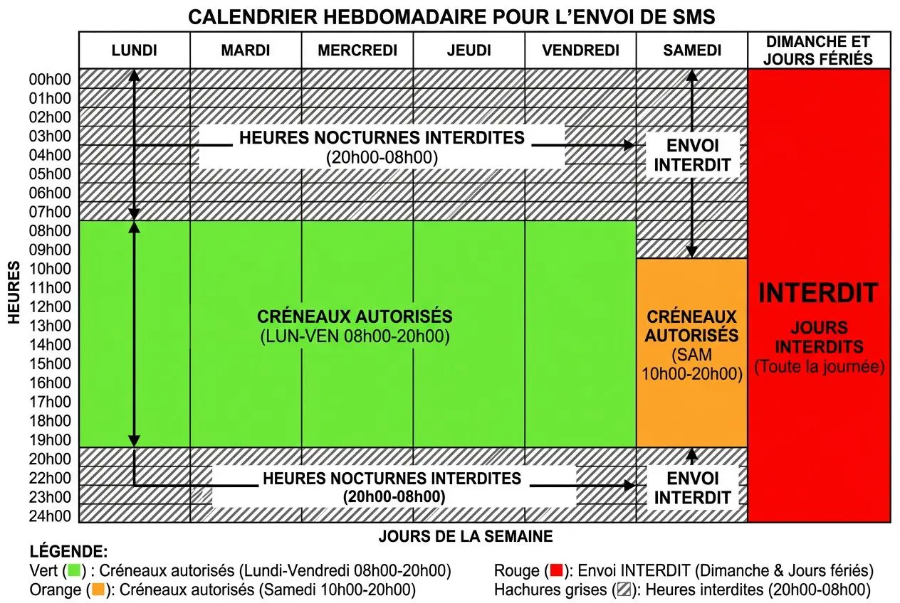 Calendrier hebdomadaire d’envoi de SMS montrant les créneaux autorisés (vert) et interdits (gris/rouge) avec horaires nocturnes interdits, et jours interdits en dimanche férié. Inclut texte sur réglementation sms commerciaux et mentions des créneaux autorisés (Lun-Ven 08h00-20h00) et envoi interdit les week-ends et jours fériés.