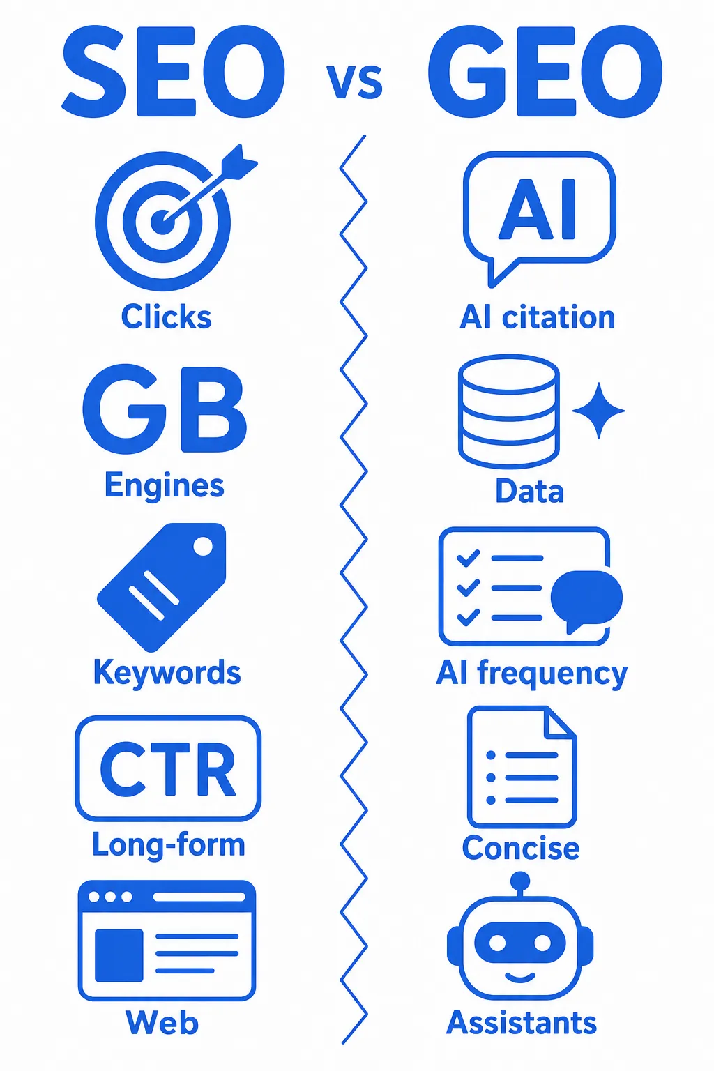 SEO vs GEO comparison: clicks, search engines, keywords, CTR and web pages versus AI citations, data, AI frequency, concise content and assistants