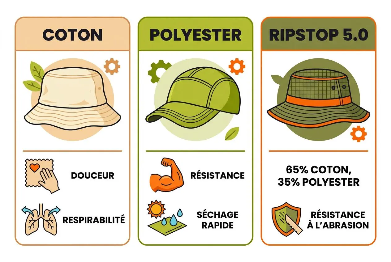 Alt text: Trois chapeaux illustrés: coton doux, respirabilité; polyester résistant et sèche rapidement; Ripstop 5.0 mélange coton et polyester avec protection et résistance à l’abrasion. [intègre le mot-clé: comment choisir son chapeau outdoor]