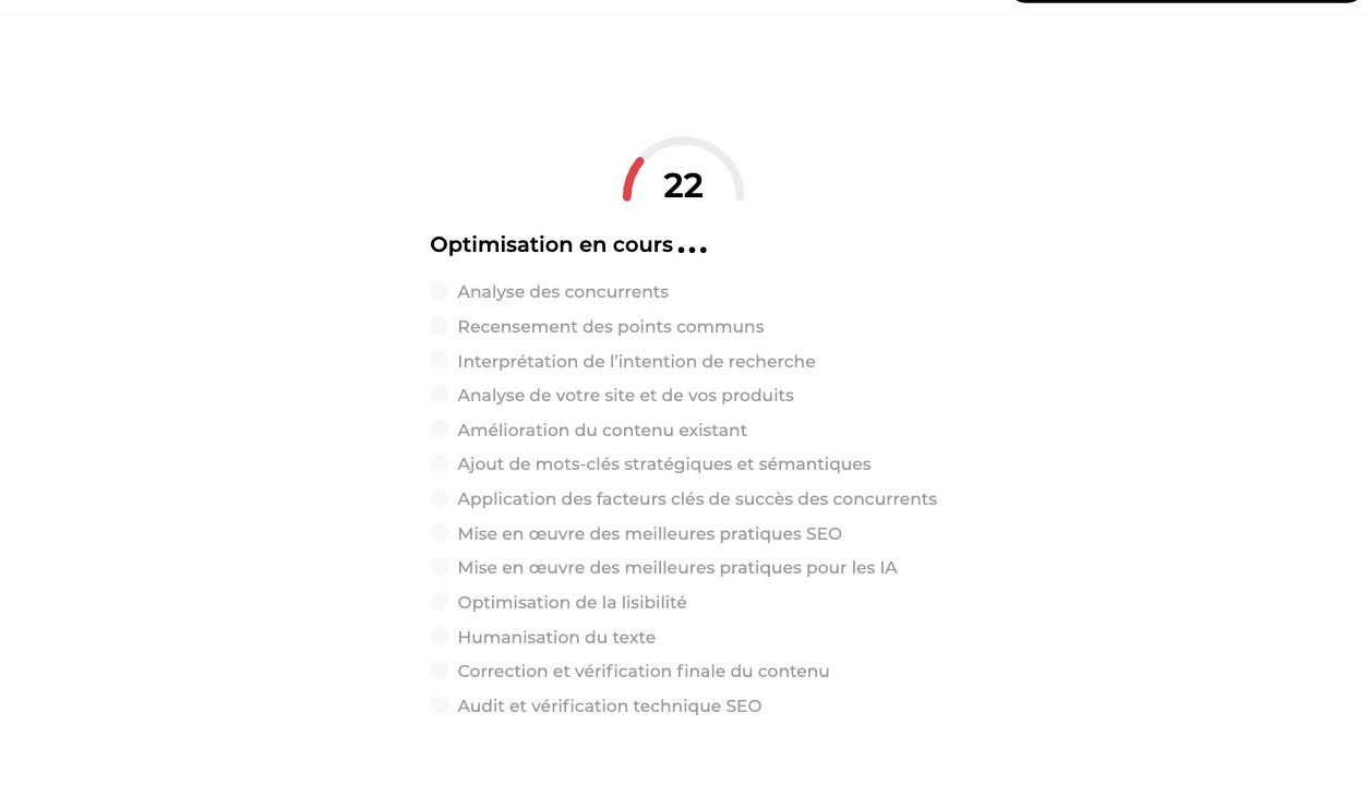 Écran Optimisation en cours avec la jauge de score à 22 et la liste des phases d’optimisation de l’article
