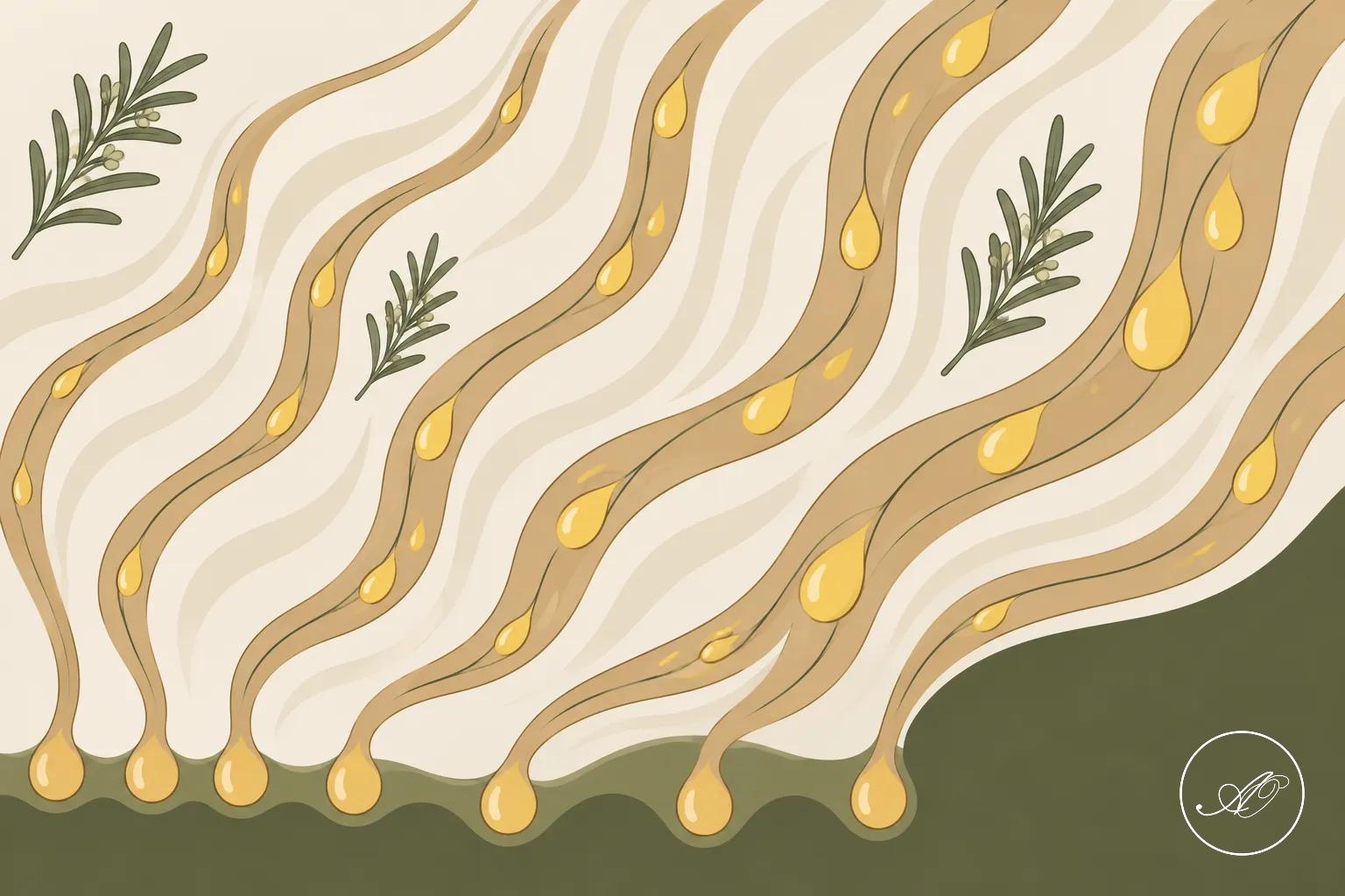Illustration montrant des racines et des cheveux stylisés avec des gouttelettes dorées et des feuilles, évoquant des