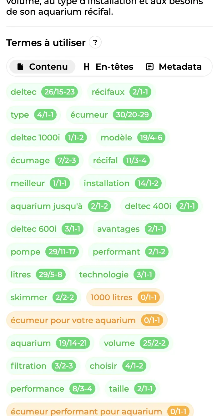 Bloc Termes à utiliser avec les onglets Contenu, En-têtes et Metadata et les pastilles de termes vertes et orange