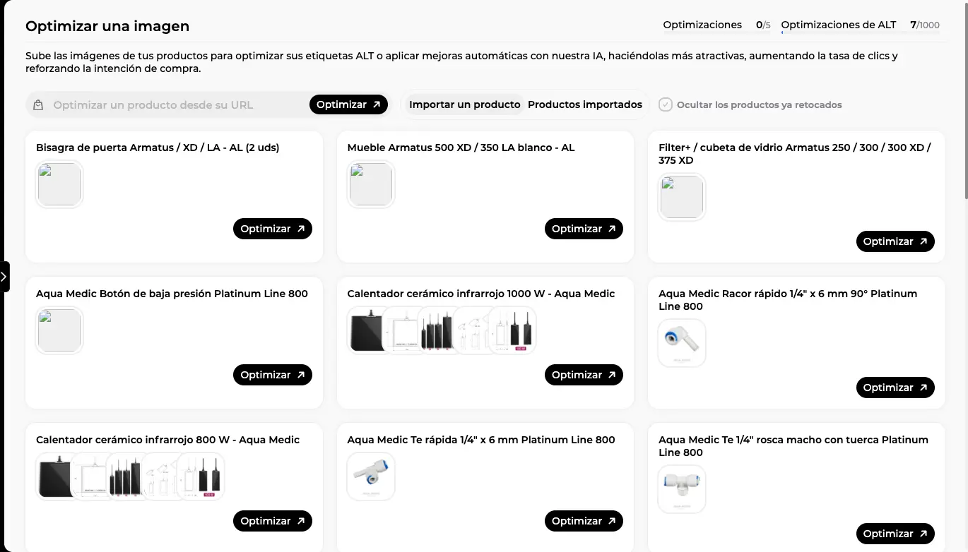 Pantalla Optimizar una imagen: productos importados con sus galerías, contadores de optimizaciones y de ALT y botones Optimizar