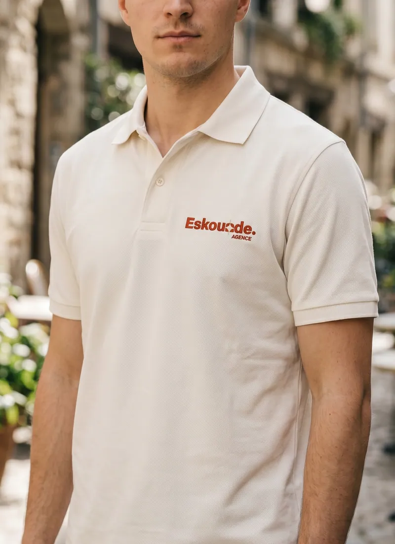 Polo polo blanc avec logo brodé orange « Eskoude » sur la poitrine, homme en arrière-plan urbain. broderie personnalisée sur vêtement.