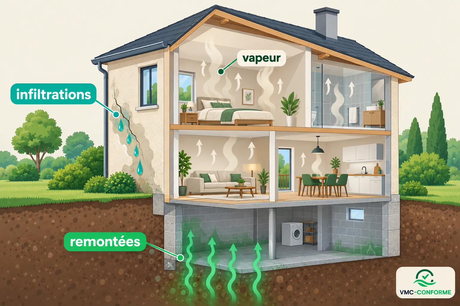 Schéma d’une maison montrant des infiltrations d’eau et de la vapeur se propageant dans les pièces du haut, des refoulements