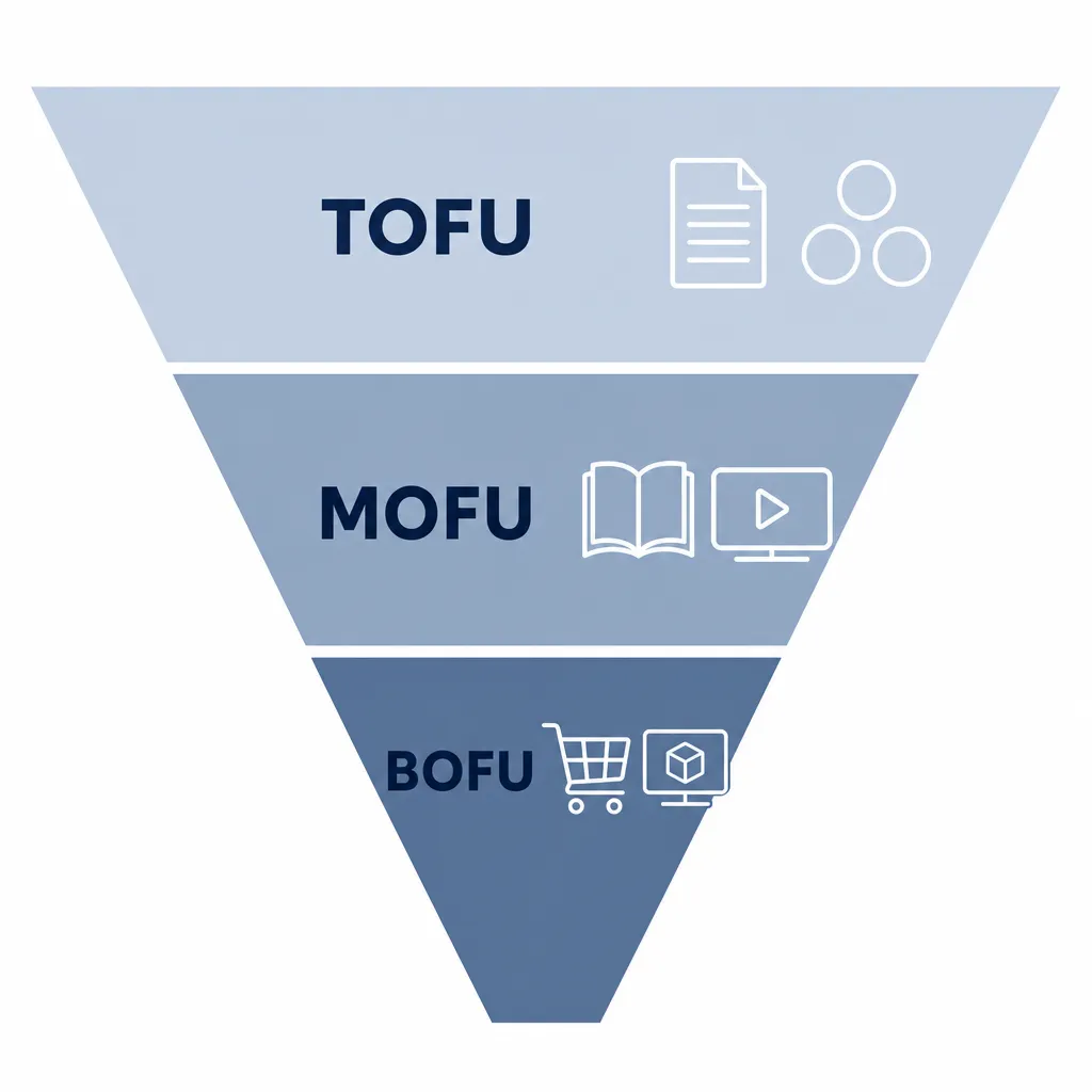 Entonnoir en trois étages TOFU, MOFU et BOFU, avec des icônes de contenu propres à chaque étape de conversion.
