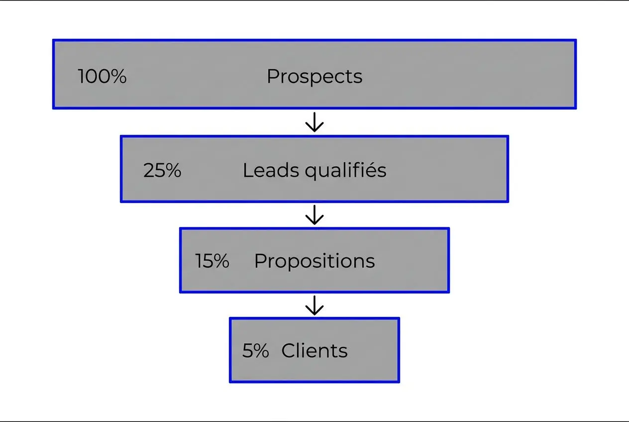 Diagramme de funnel commercial montrant une progression: Prospects 100% → Leads qualifiés 25% → Propositions 15% → Clients 5% avec flèches descendantes et encadrements bleus. intégration: KPI clés dans un tableau de bord commercial.