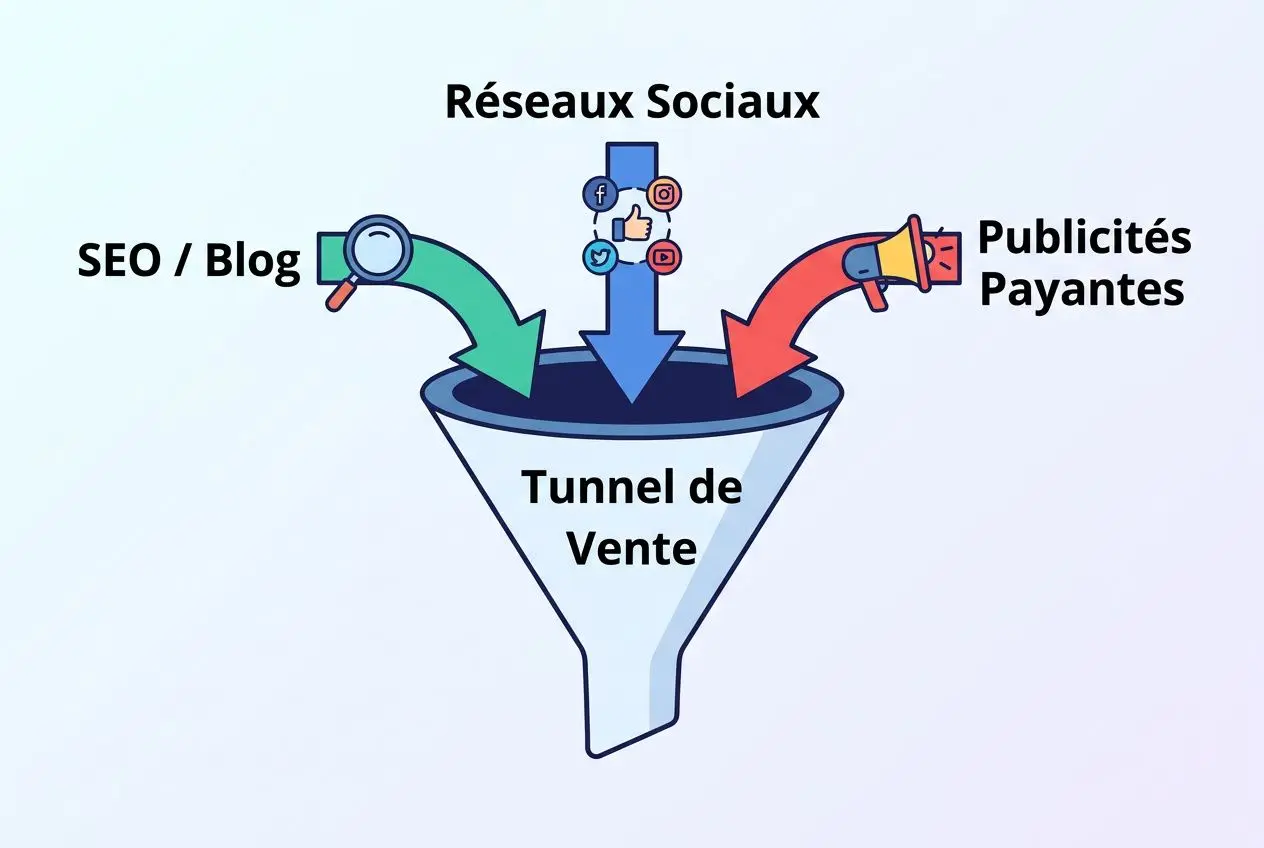 Tunnel de vente illustrant l’afflux de trafic SEO/Blog, réseaux sociaux et Publicités Payantes vers un entonnoir, pour l’affiliation.