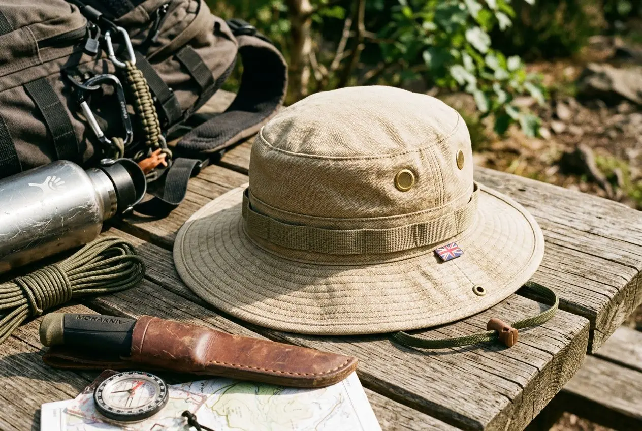 Chapeau de randonnée beige et accessoires de survie sur une table en bois, avec boussole et couteau cuir. intégrer: comment se protéger de la canicule.