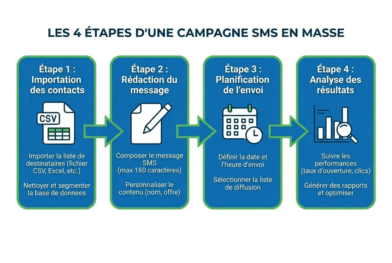 Les 4 étapes d'une campagne SMS en masse: importation des contacts, rédaction du message, planification de l'envoi et analyse des résultats. Inclut « comment envoyer des sms en masse ».
