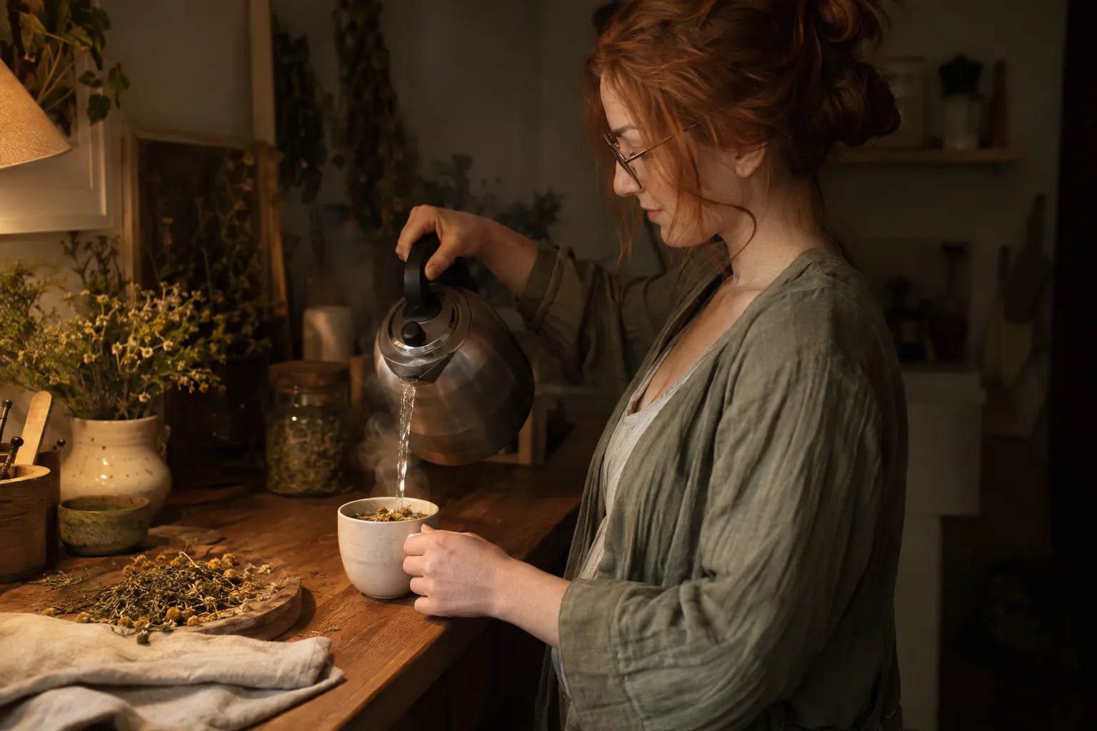 Femme versant de l’eau chaude dans une tasse, entourée de plantes et de plantes séchées, ambiance cocooning de phytothérapie et drainage. phytothérapie retention d eau