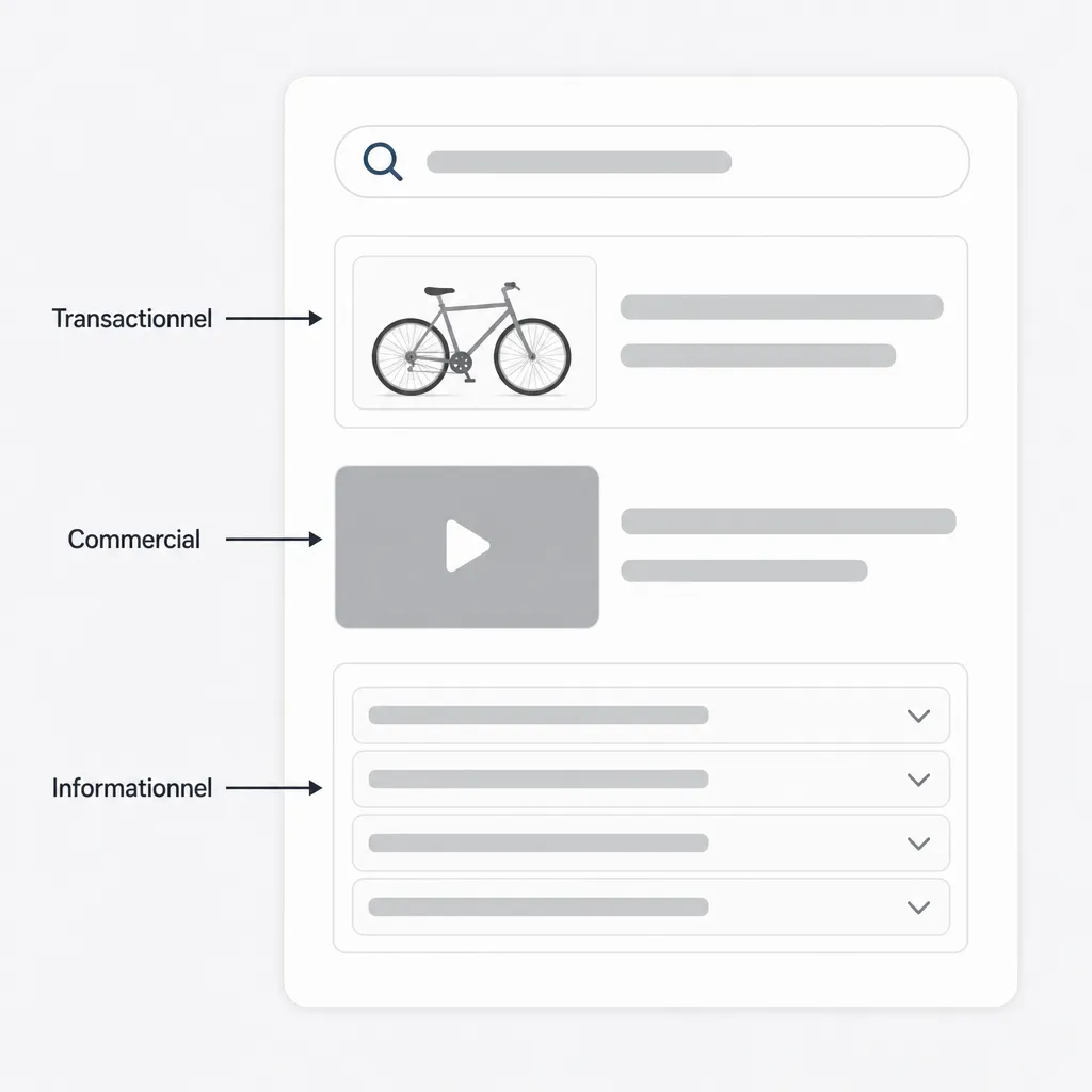 Page de résultats annotée : une fiche produit, une vidéo et une liste de questions reliées à trois types d'intention.