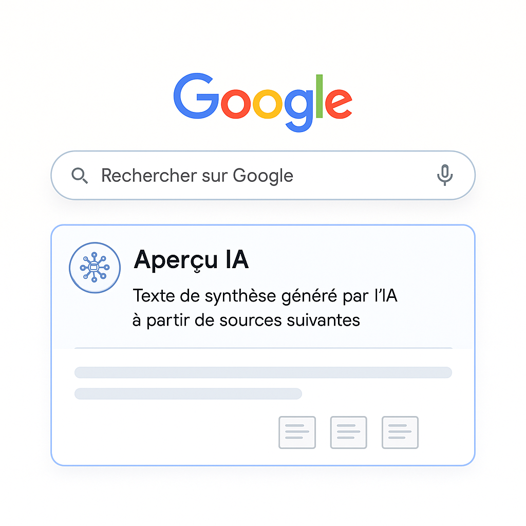 Illustration conceptuelle de l'aperçu IA de Google montrant un résumé généré à partir de plusieurs sources web dans les résultats de recherche.