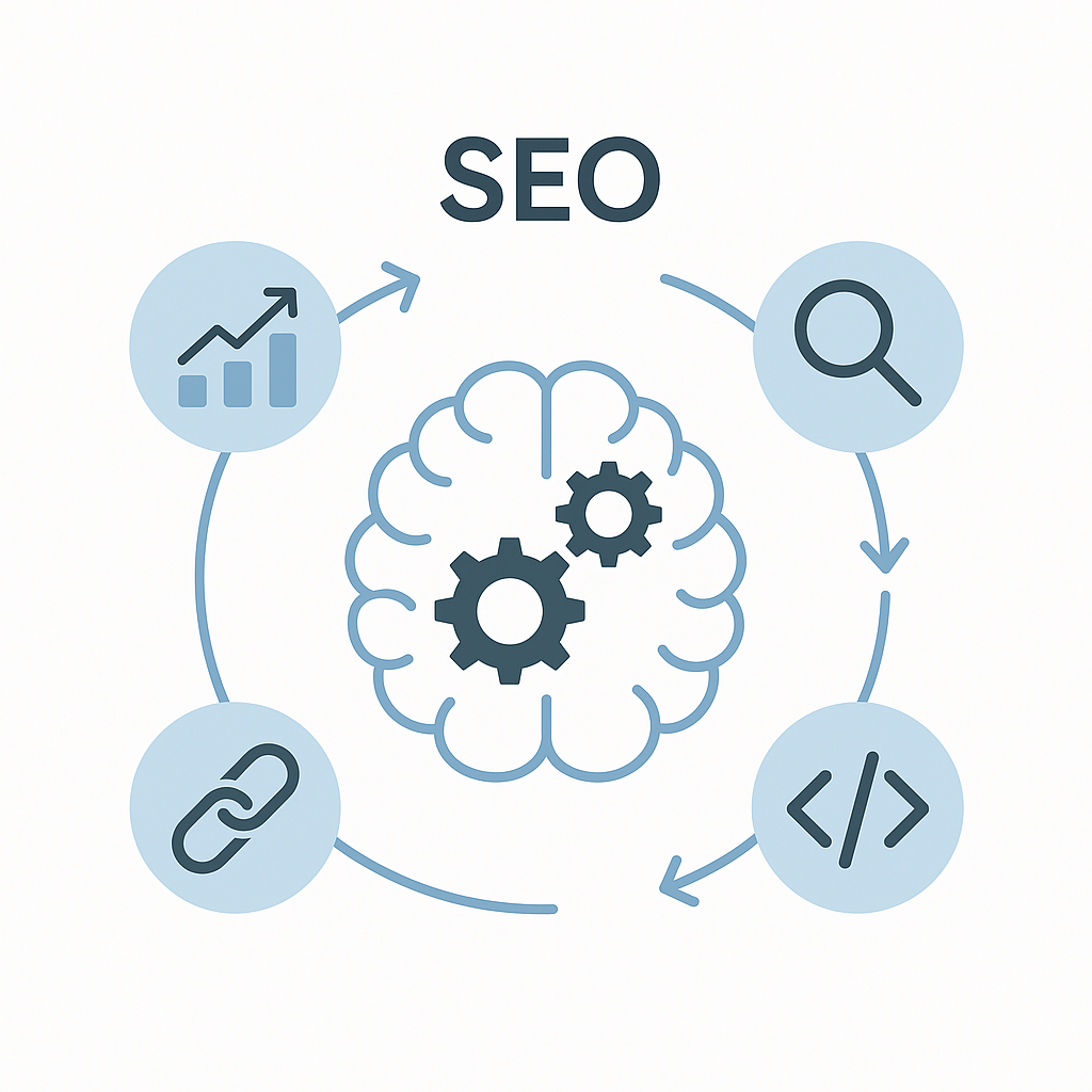 Schéma illustrant les composantes d'un plan SEO complet : analyse, technique, contenu et backlinks.