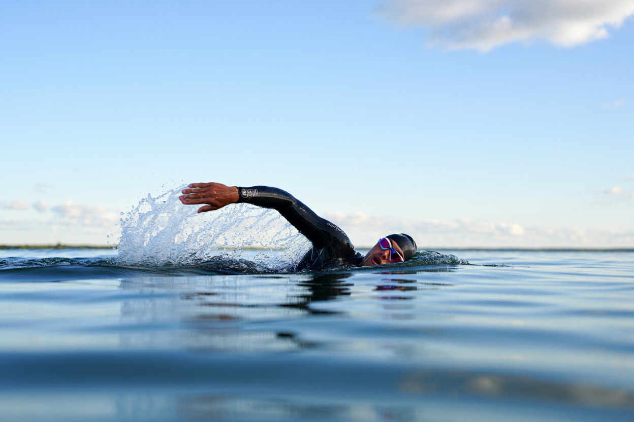 Nuotatore in acque libere con boa di segnalazione arancione