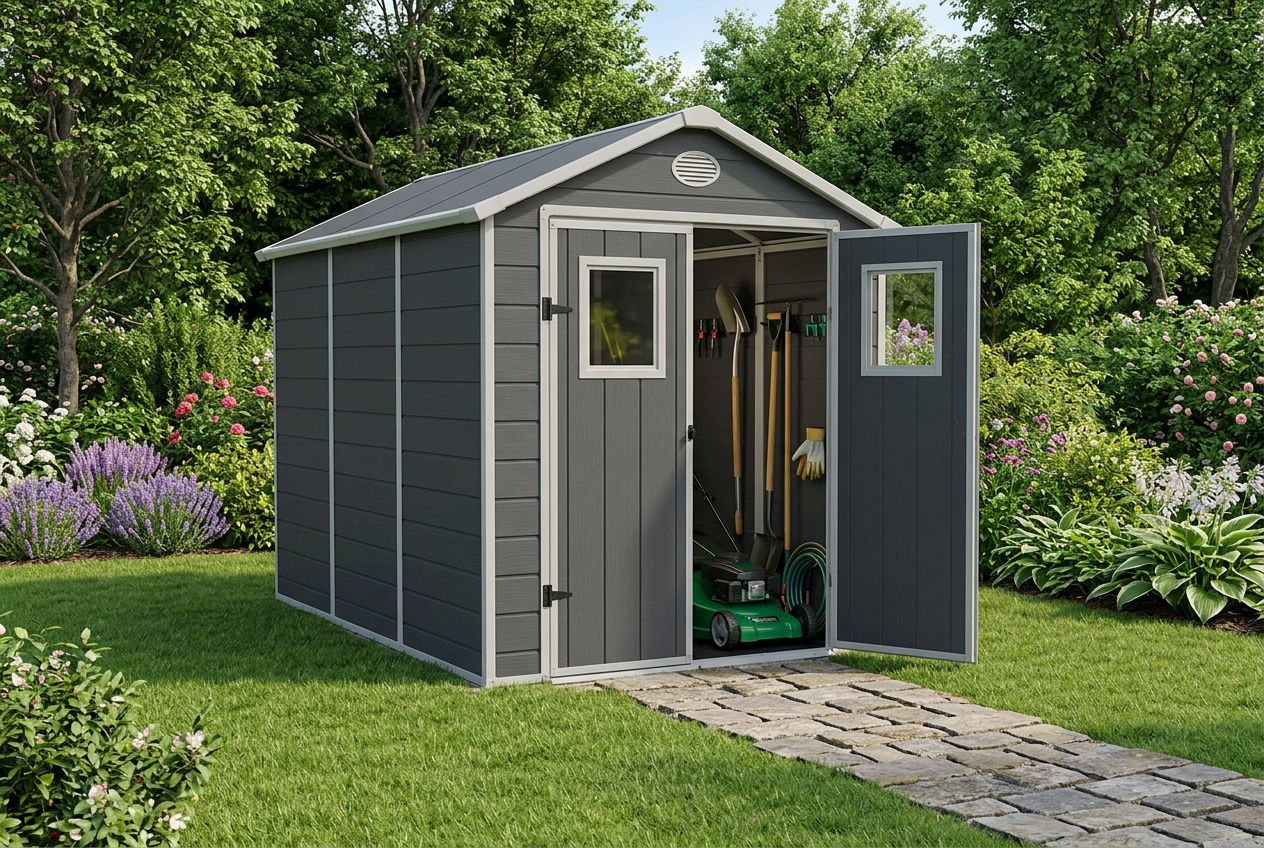 Abri de jardin gris en bois avec porte et fenêtre ouvertes, outil et tondeuse rangés à l’intérieur sur une allée en pavés, jardin verdoyant autour. Comment installer abri de jardin.