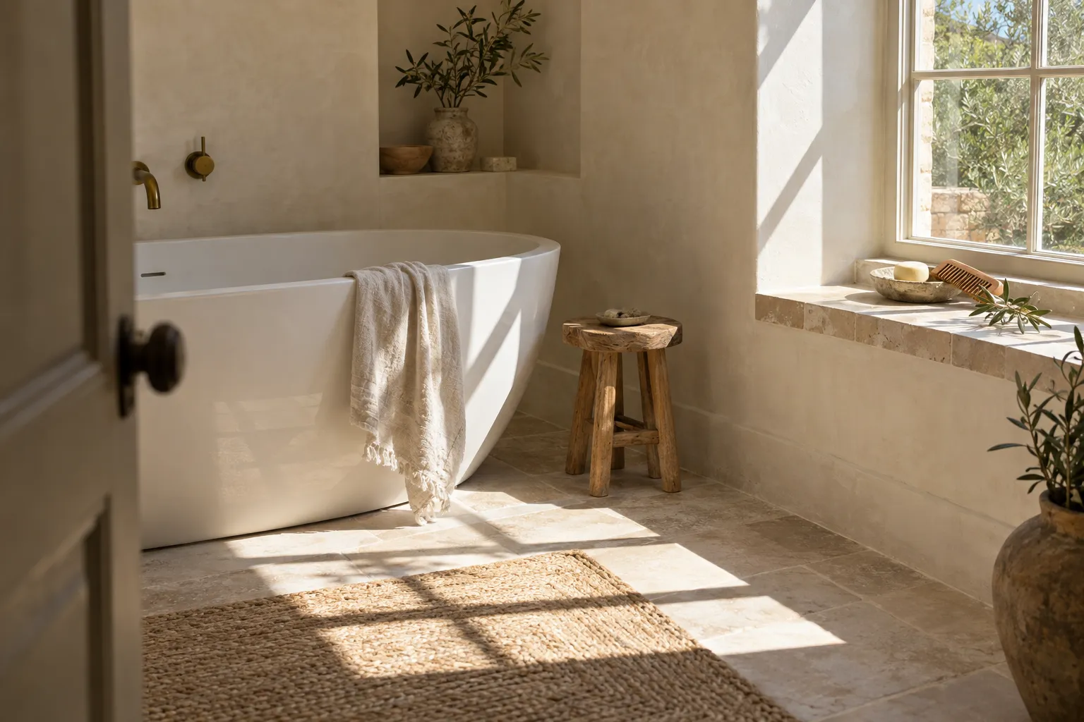 Une baignoire design blanche près d’une fenêtre laissant entrer la lumière, avec une serviette posée sur le bord et un petit
