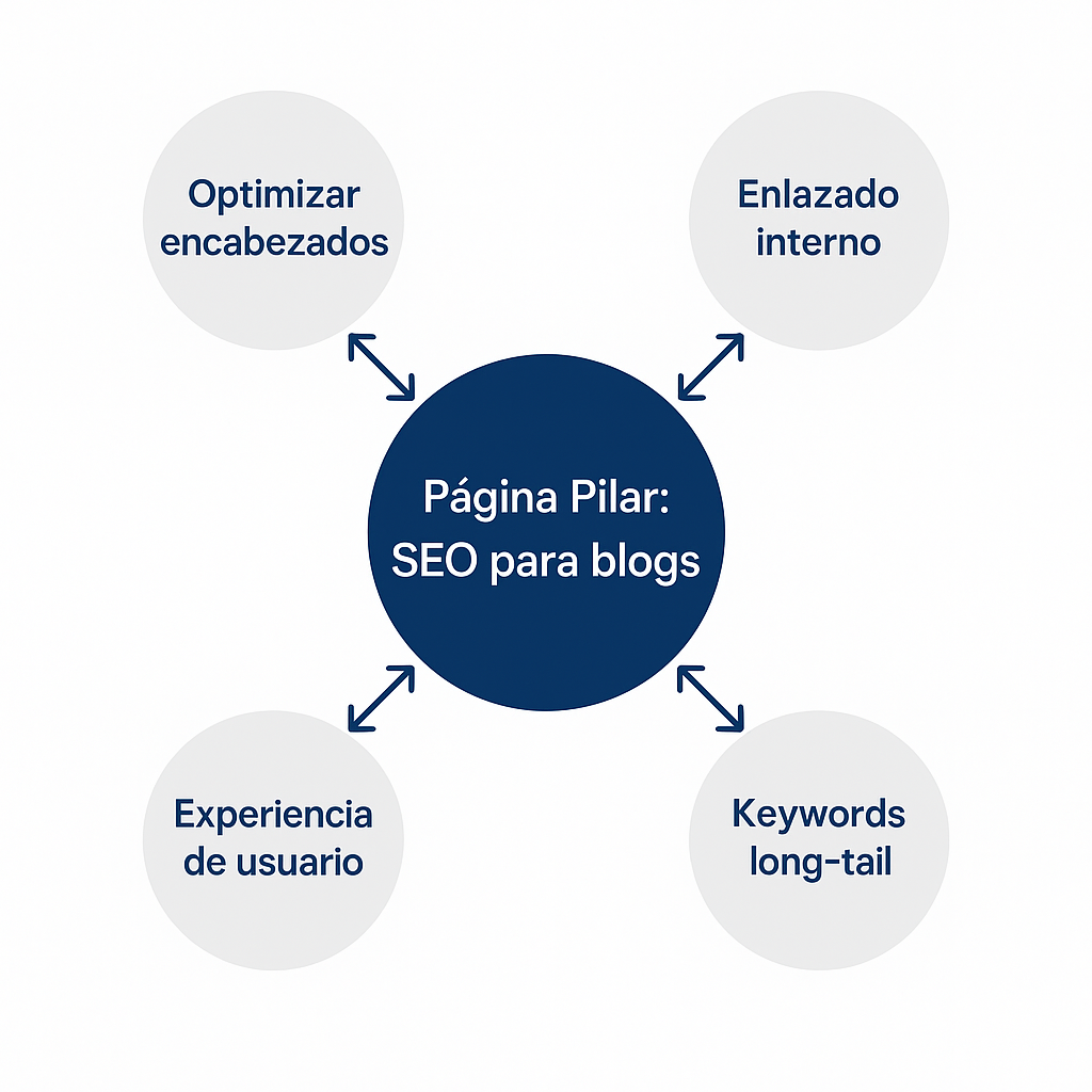 Esquema del modelo de clúster temático con una página pilar central sobre SEO para blogs y contenidos satélite interconectados.