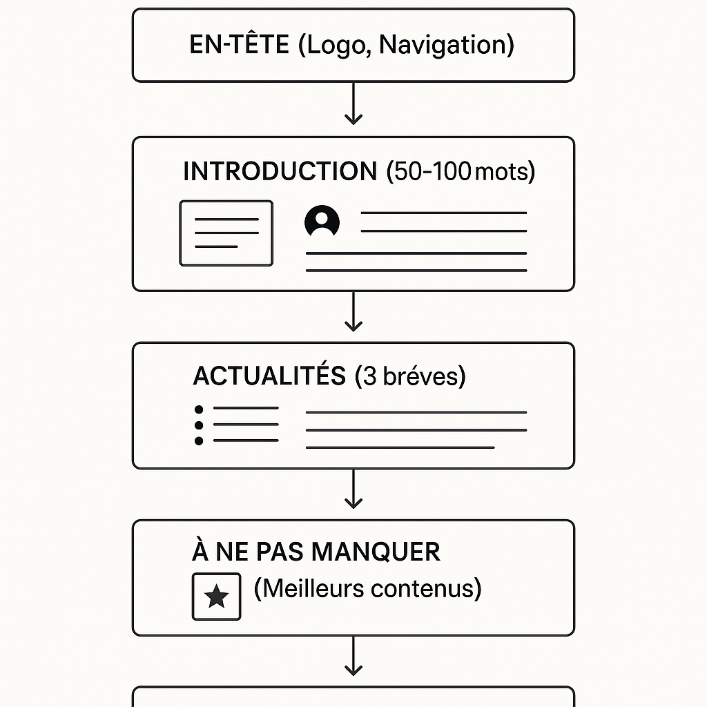 Schéma de la structure idéale d'une newsletter, incluant l'en-tête, l'introduction, les actualités, les contenus phares et le call-to-action.