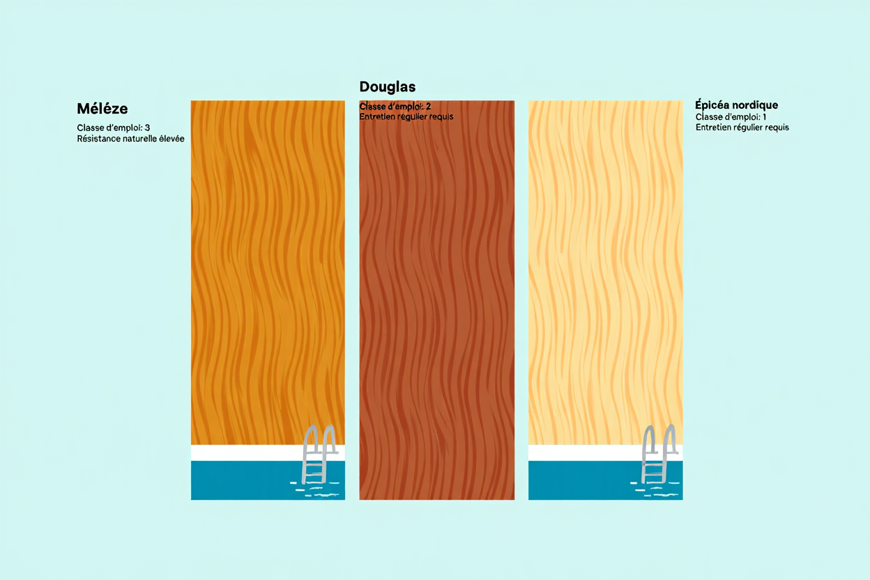 Trois échantillons de bois pour pool house en bois: Mélèze, Douglas et Épicéa nordique, affichant leurs teintes et motifs variés.