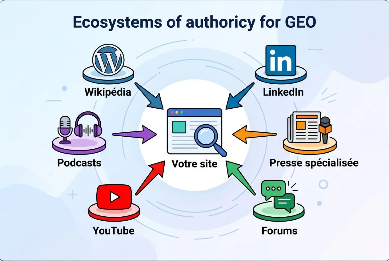 Diagramme montrant des écosystèmes d’audience pour GEO: Wikipedia, LinkedIn, Podcasts, Presse spécialisée, YouTube et Forums reliés à "Votre site".