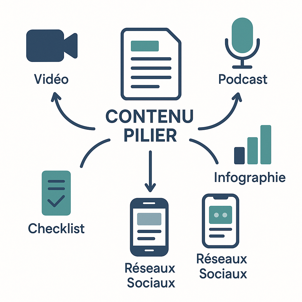 Schéma illustrant le recyclage de contenu : un contenu pilier au centre est décliné en plusieurs formats comme la vidéo, le podcast, l'infographie et les publications pour réseaux sociaux.