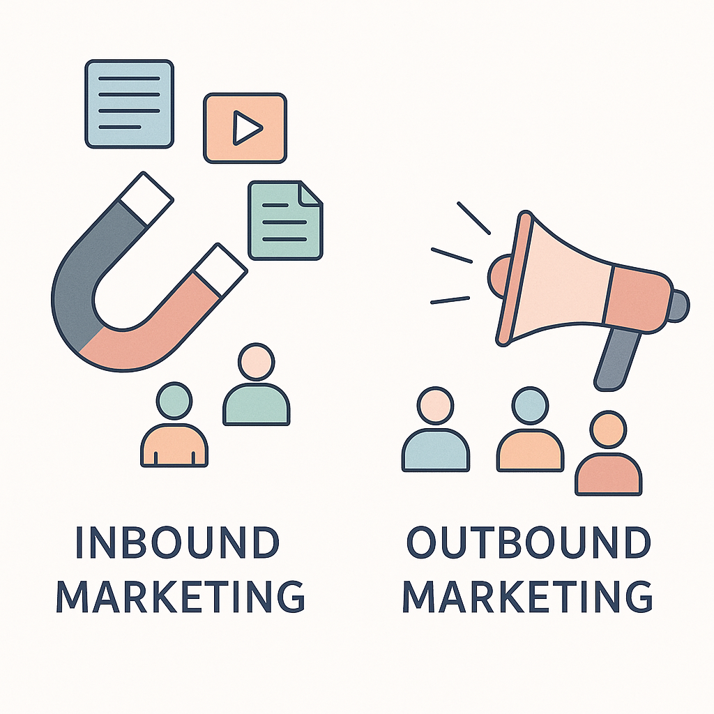 Schéma comparant la stratégie d'attraction de l'inbound marketing (l'aimant) à la stratégie de sollicitation de l'outbound marketing (le mégaphone).