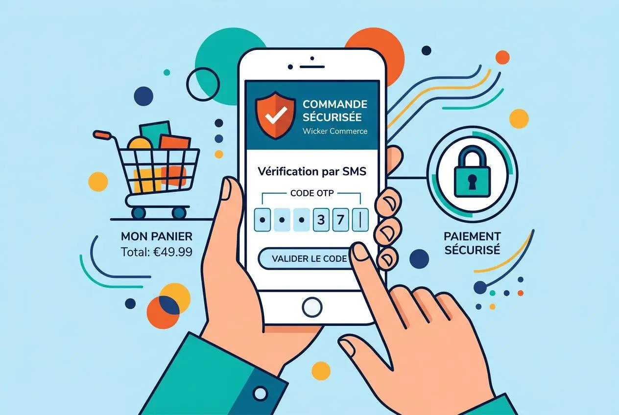 Affichage d’un smartphone montrant une vérification par SMS avec code OTP, icônes sécurité et paiement, ambiance achat en ligne. wcash: "woocommerce sms notification".