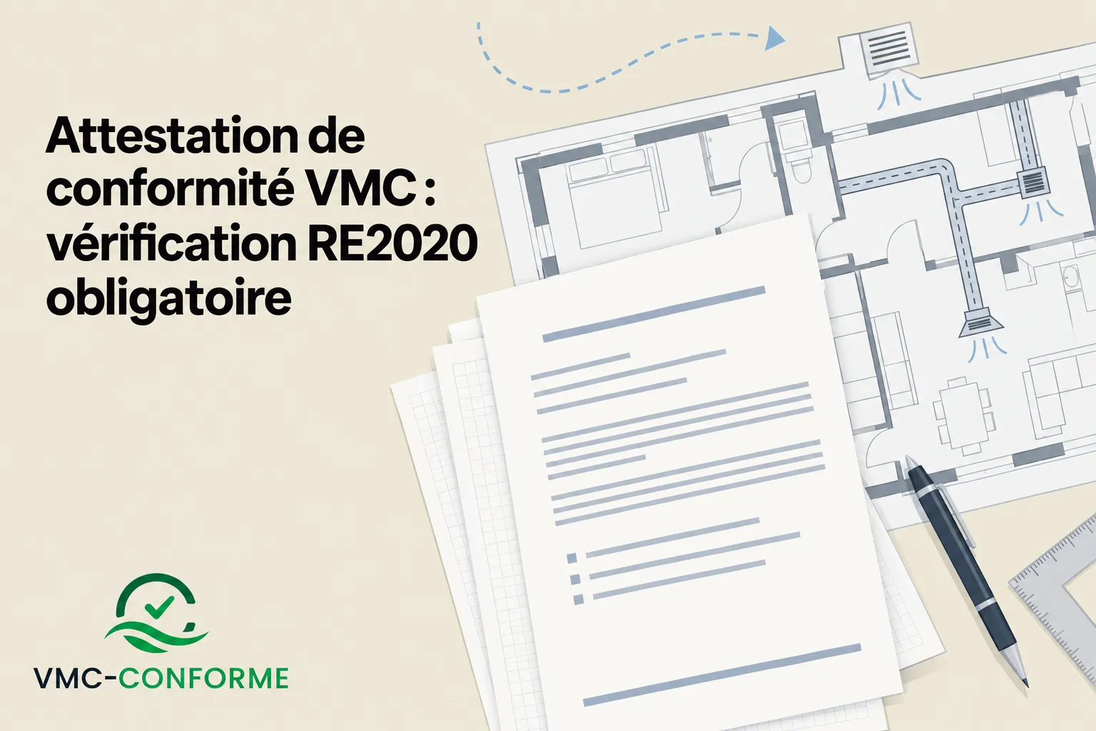 Attestation conformité vmc réglementaire: vérification RE2020 obligatoire illustrée par plans et documents de chantier et stylo noir.