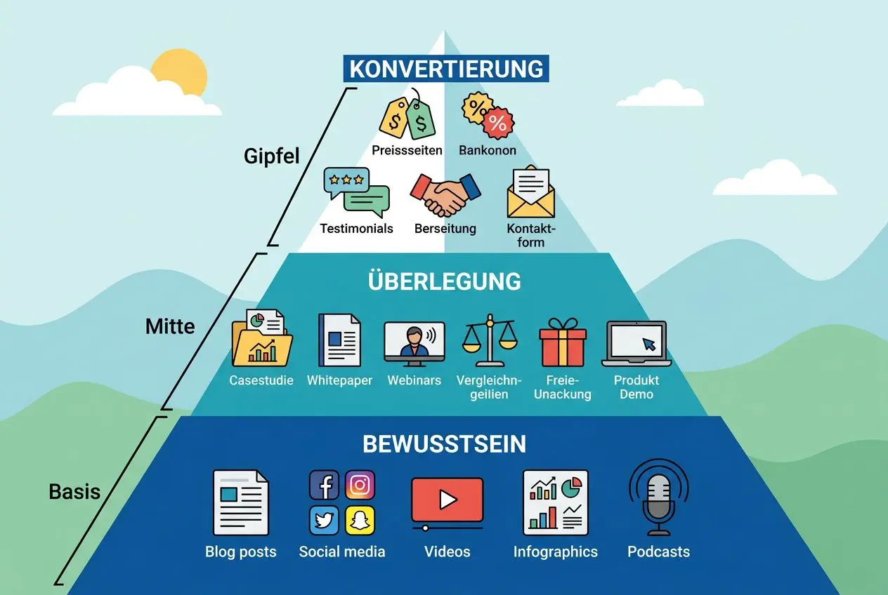 Alt-Text: Infografik-Pyramide zu effektive content formate seo, zeigt Basis (Blog posts, Social media, Videos, Infographics, Podcasts), Mitte (Casestudies, Whitepaper, Webinars, Vergleichs-geileien, Freebie-Offer, Produkt-Demo), Spitze (Preissseiten, Bankkonto, Testimonials, Bereitstellung, Kontaktformular)