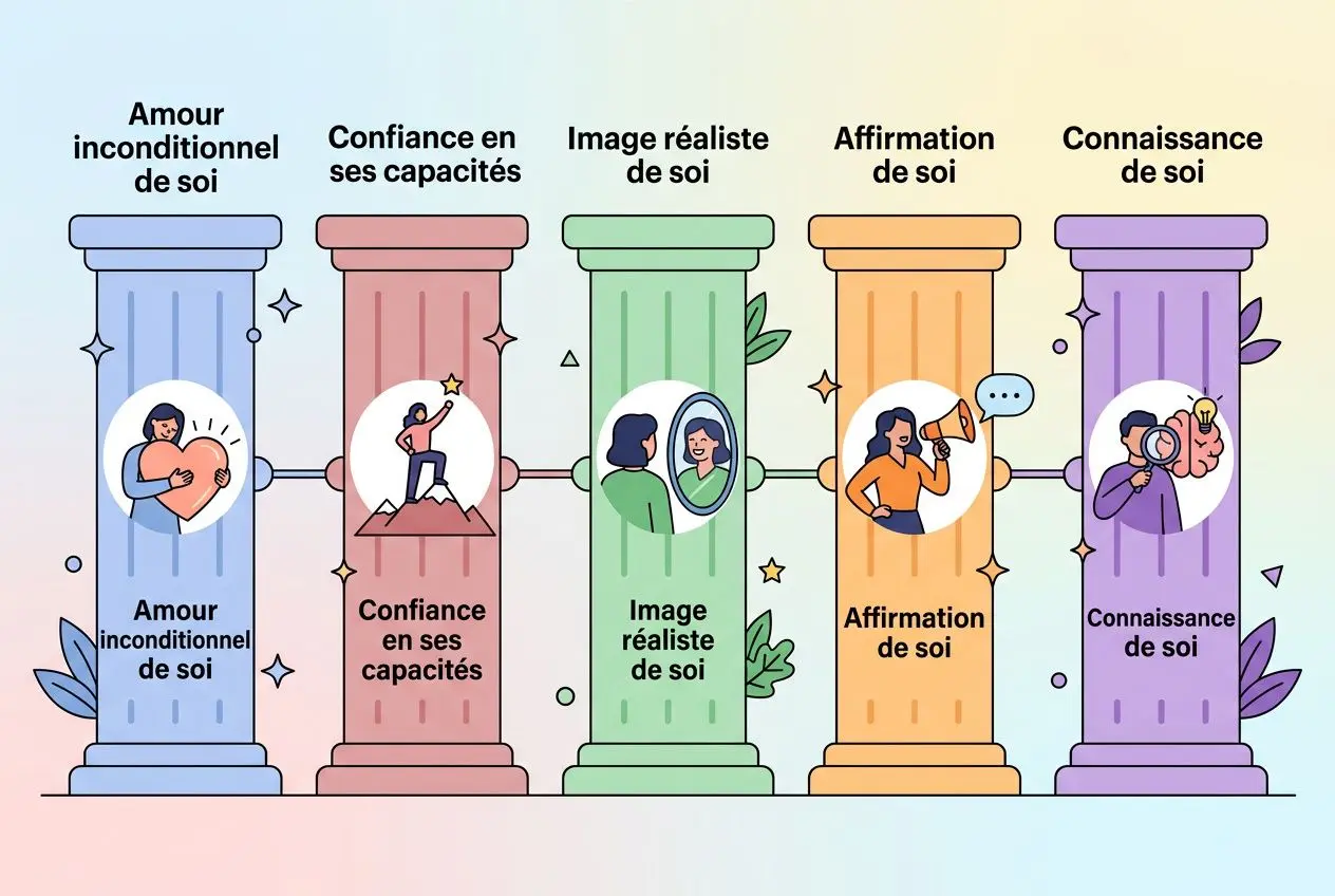 Cinq colonnes illustrant les 4 piliers du développement personnel: amour de soi, confiance en ses capacités, image réaliste de soi, affirmation de soi, avec des personnages et des éléments décoratifs.