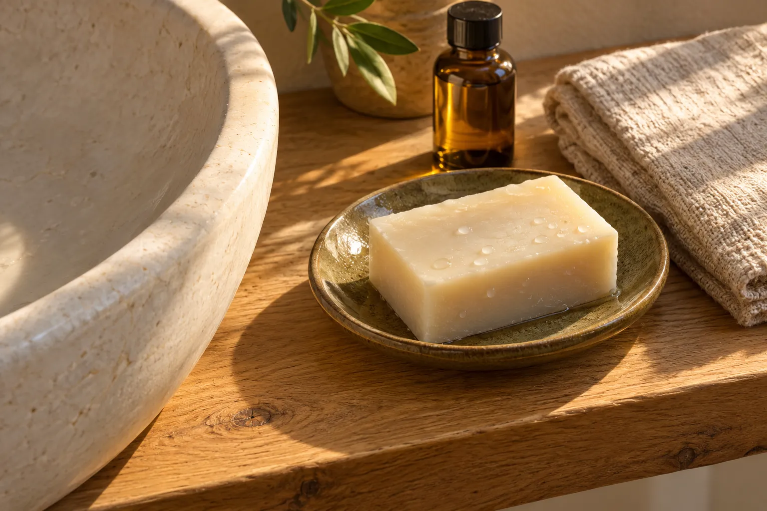 Savon sur une petite assiette en porcelaine près d’un lavabo en pierre et d’une serviette beige sur une surface en bois.
